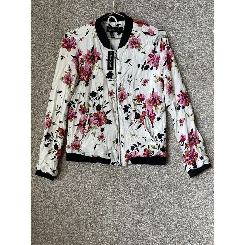 New Look Women's Black & White Floral Full Zip Bomber Jacket Size Small